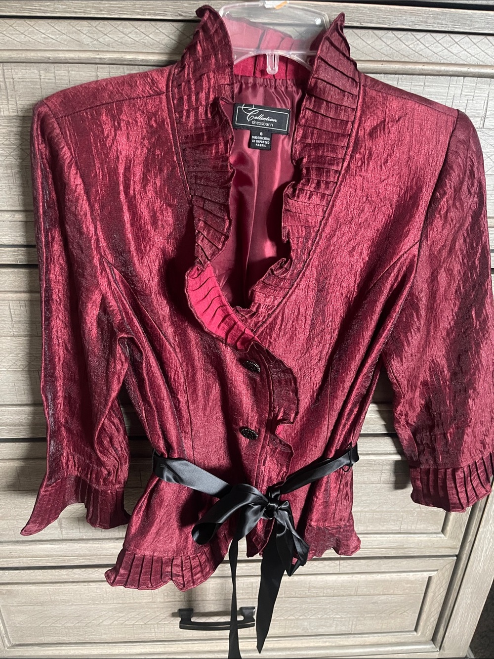 dressbarn Burgundy Ruffled Satin Jacket with Black Ribbon Belt